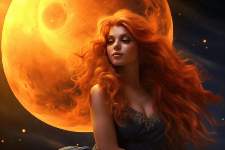 Red head girl on orange moon background