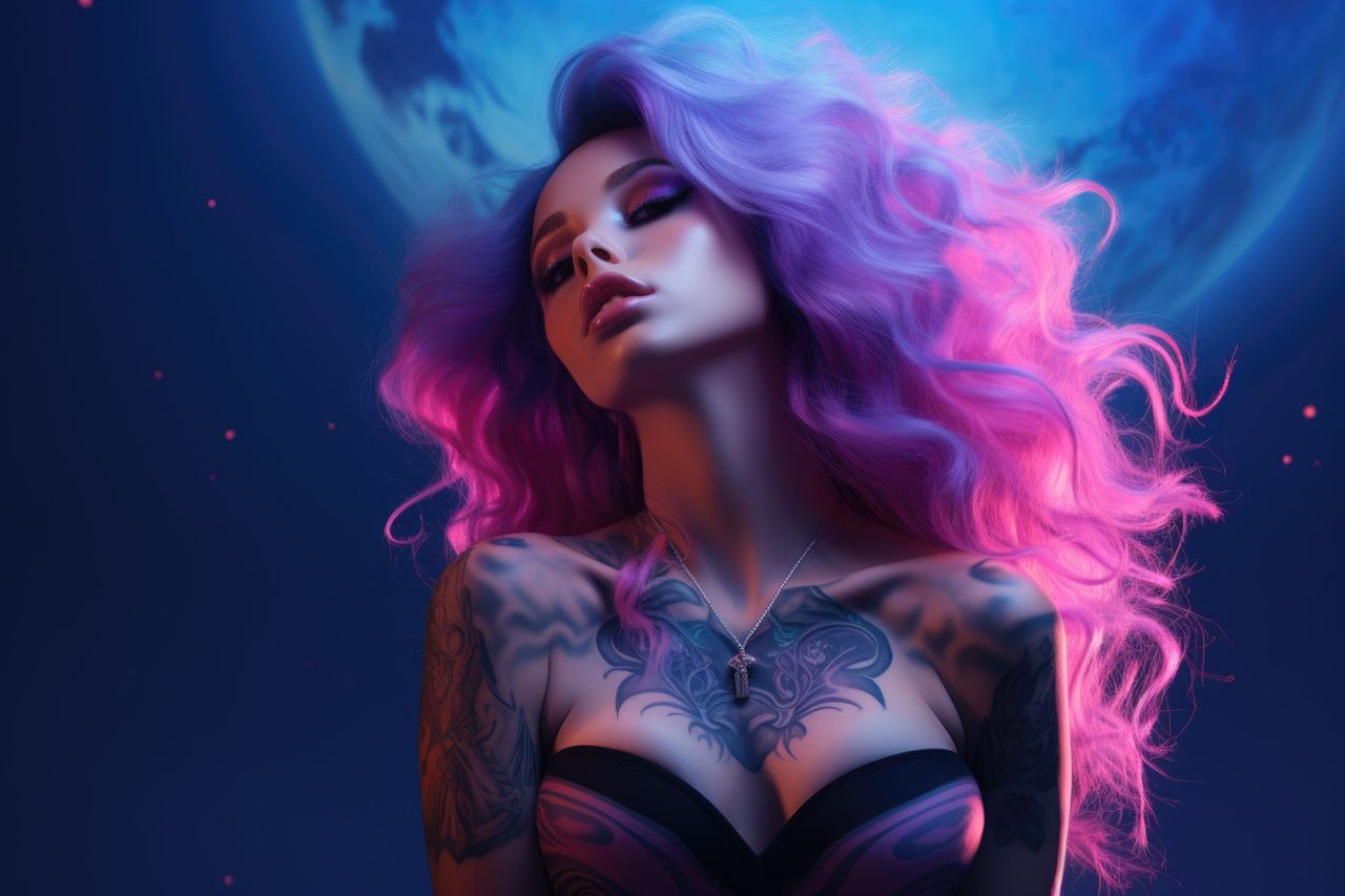 Fantasy girl with purple hair and tattoo