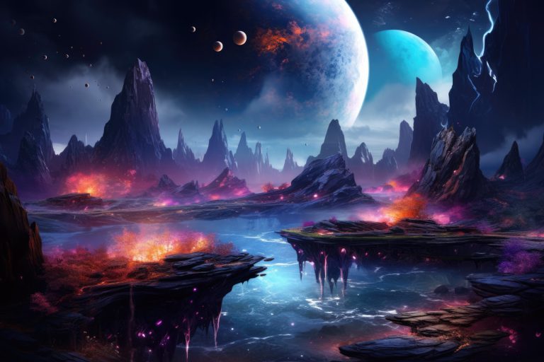 Fantasy planet landscape in neon lights