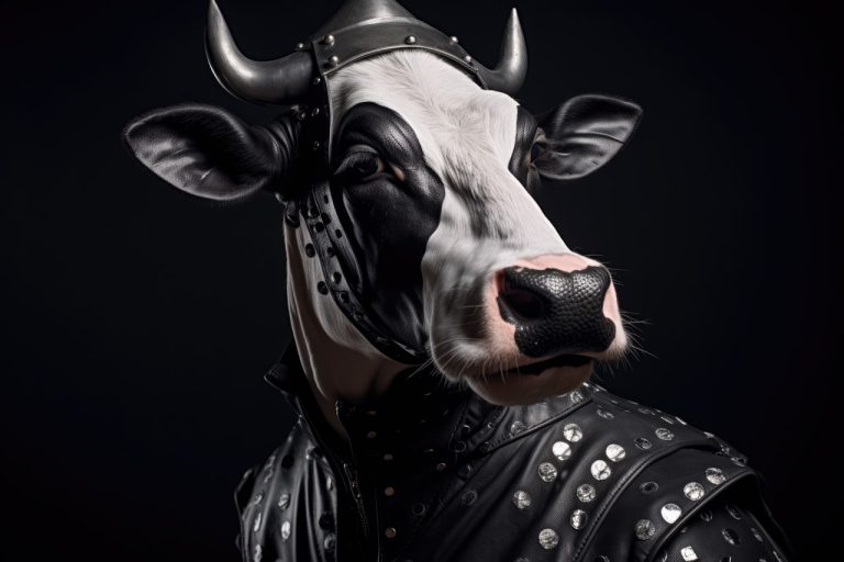 Weird cow in black leather suite