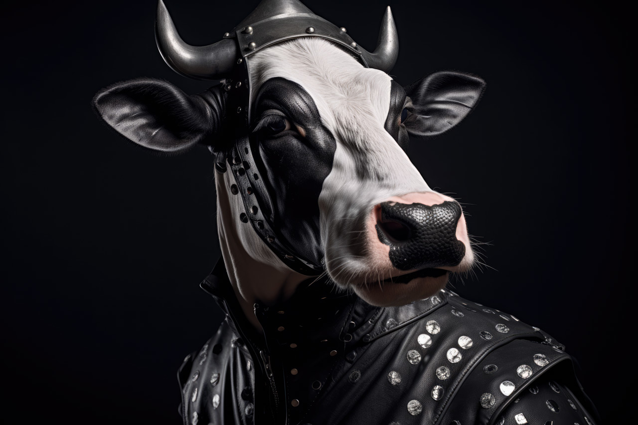 Weird cow in black leather suite