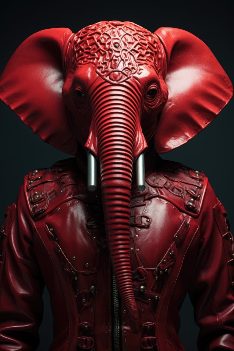 Weird red elephant in red leather suit