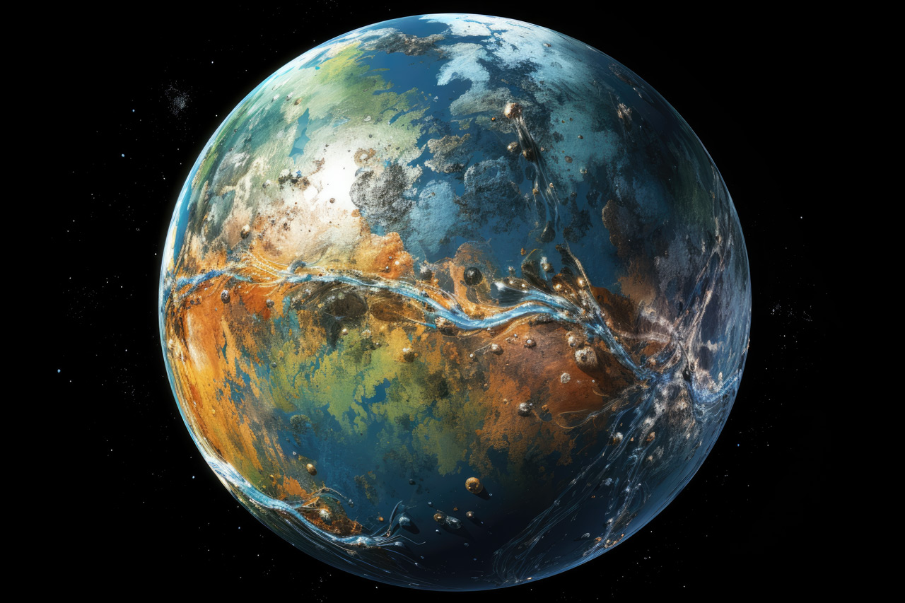 Unknown planet in space with blue water and orange surface