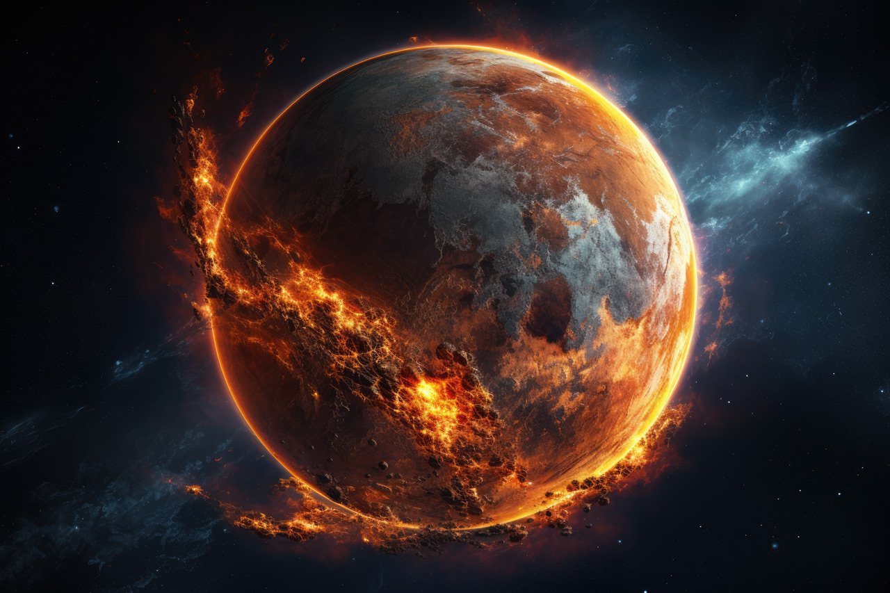 Iron planet in the fire in space