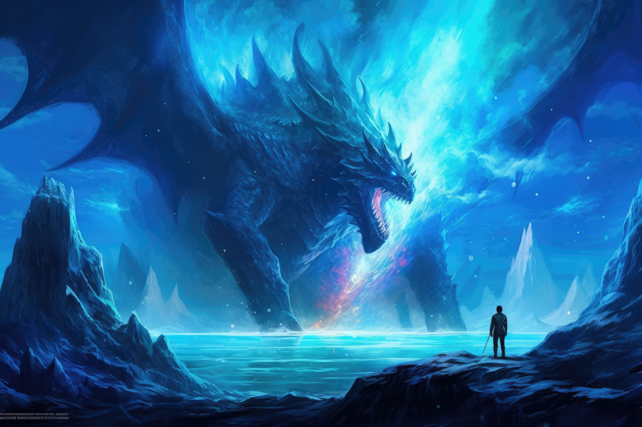 Huge scary dragon in blue lights