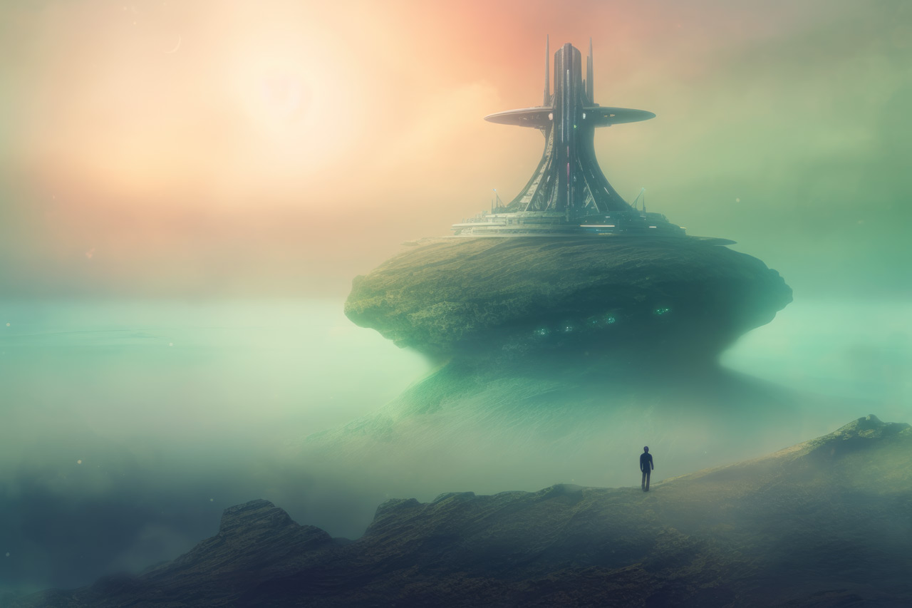 Huge futuristic building in a fog