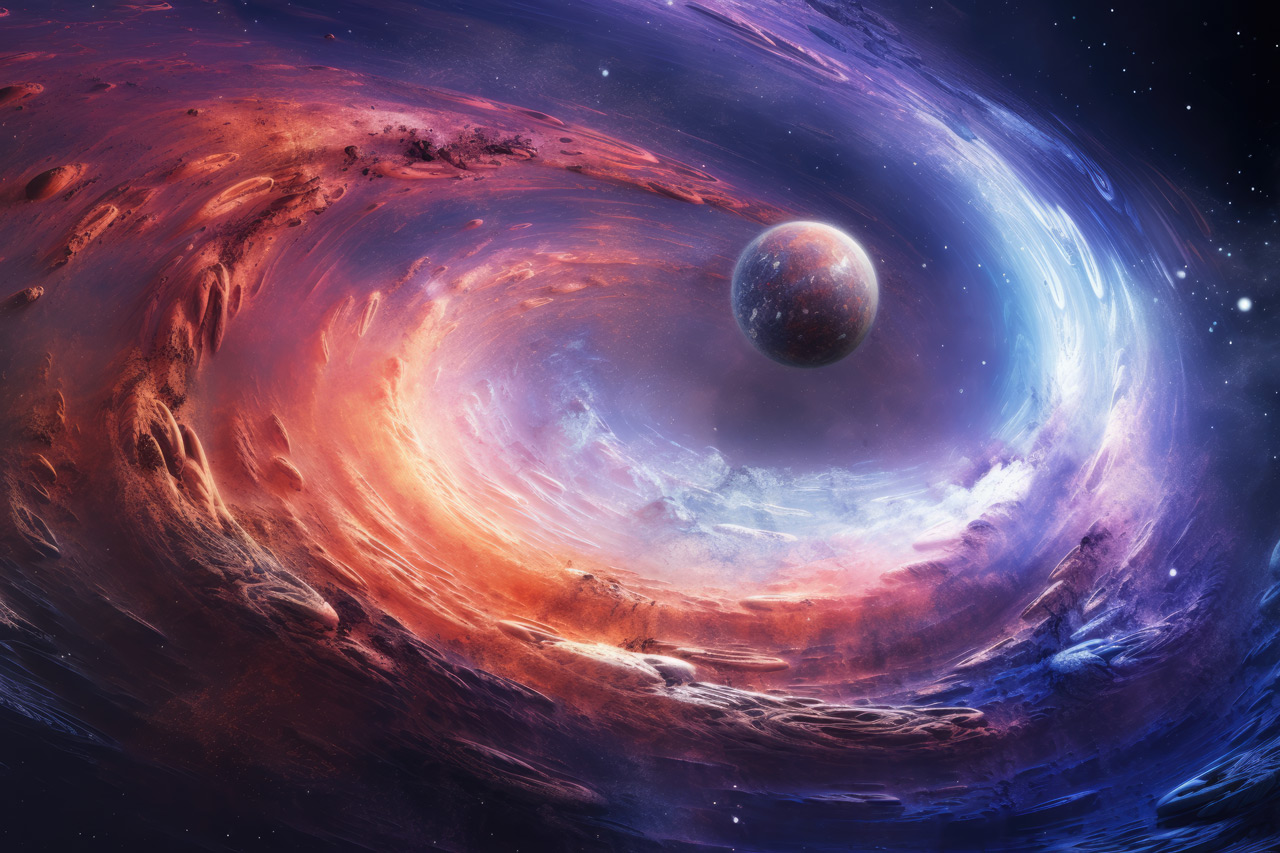 Planet near swirl galaxy clouds