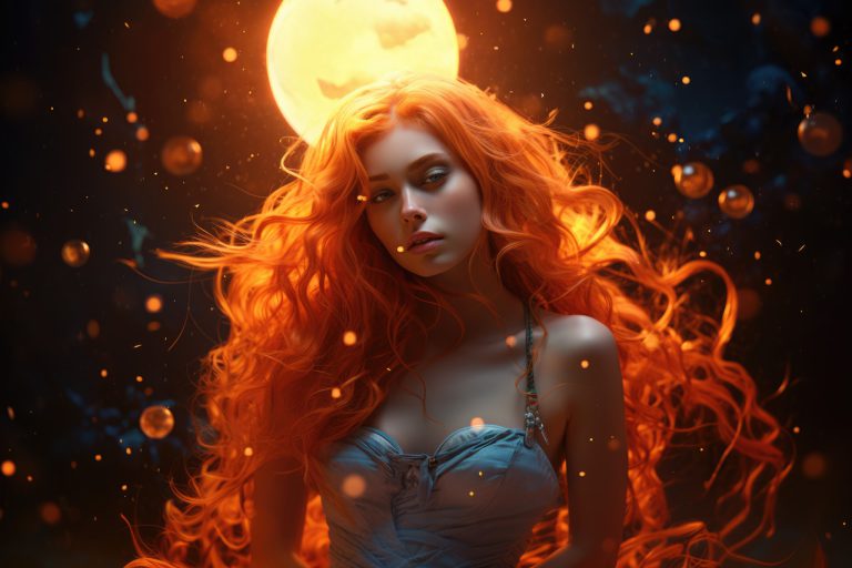 Orange long haired woman in yellow lights