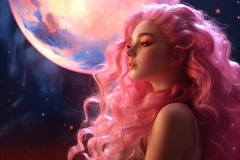 Girl with pink hair opposite large pink moon