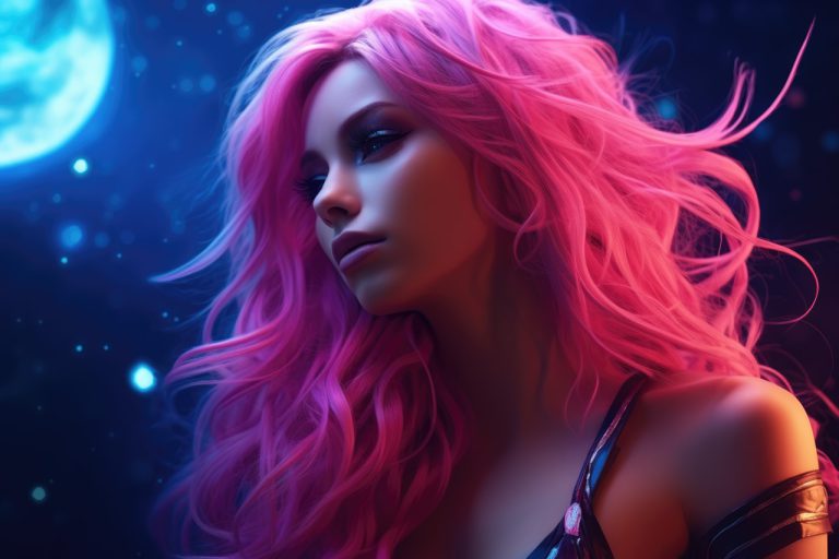 Girl with pink violet hair at night lights