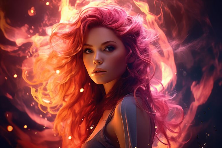 Girl with orange and red hair in fire flames