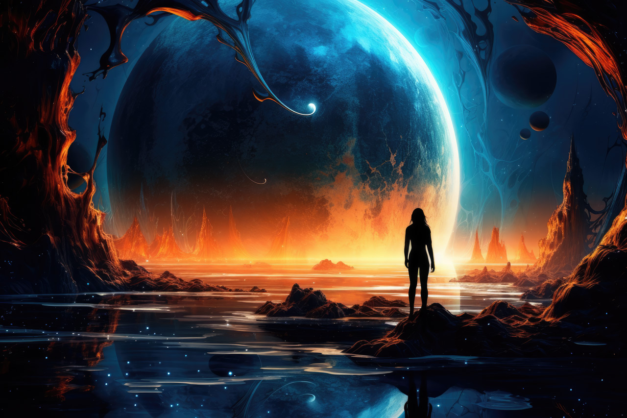 Woman looking at huge rising planet