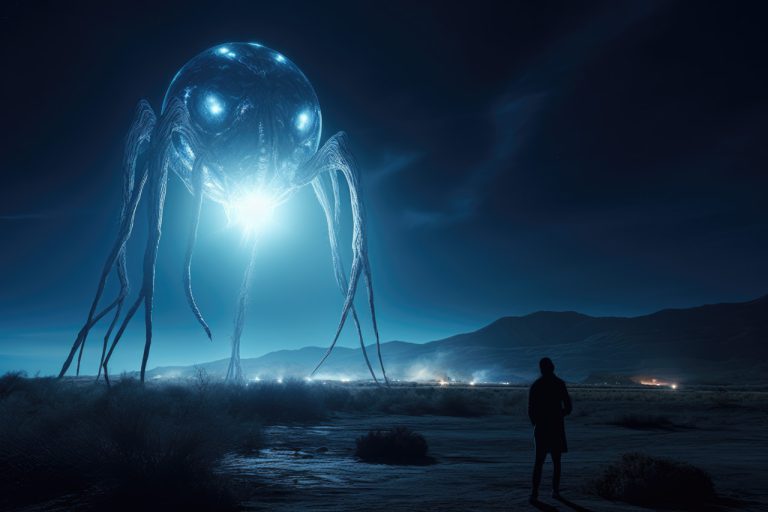 Huge monster in blue lights in a desert