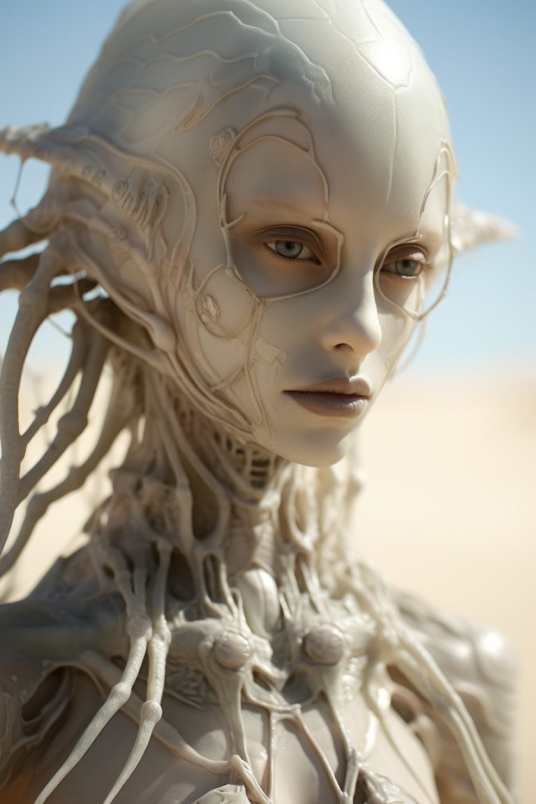 White alien woman with exoskeleton