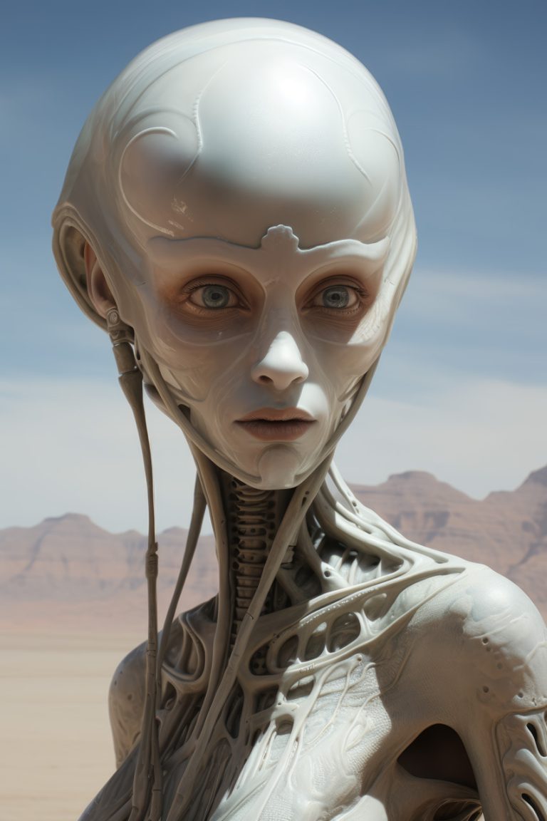 White alien woman in exoskeleton