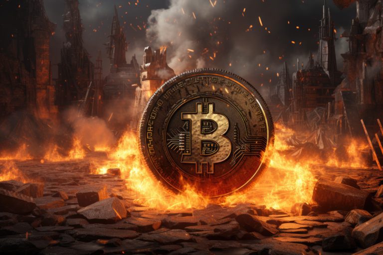 Bitcoin rusted metal logo in fire