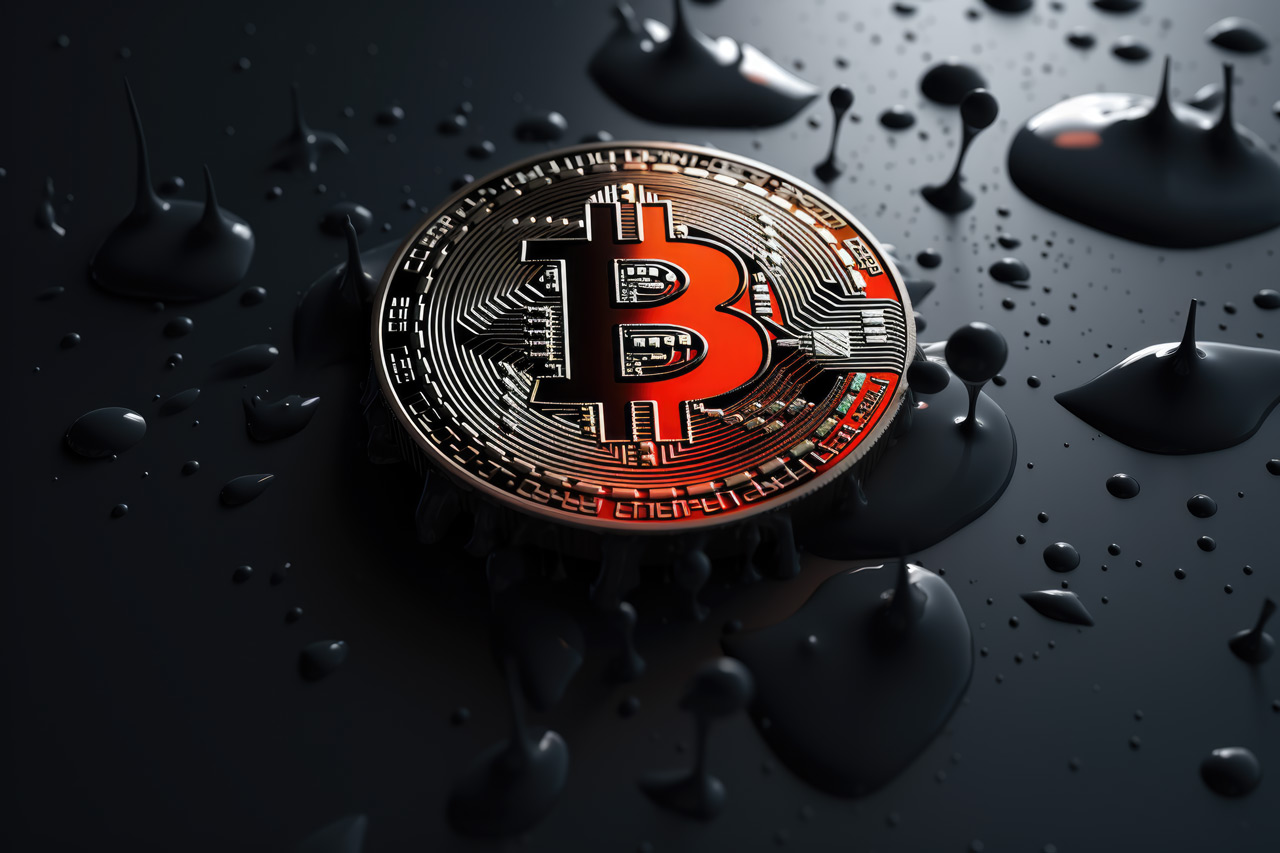 Bitcoin in black liquid background