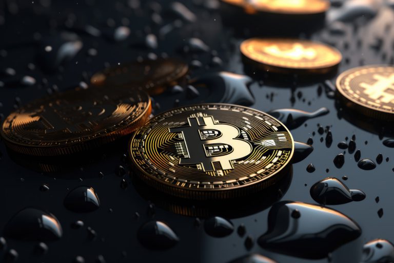 Golden bitcoins in dark water drops background