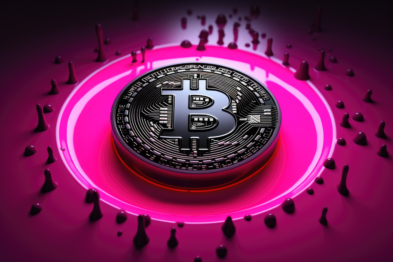 Dark bitcoin logo on pink background