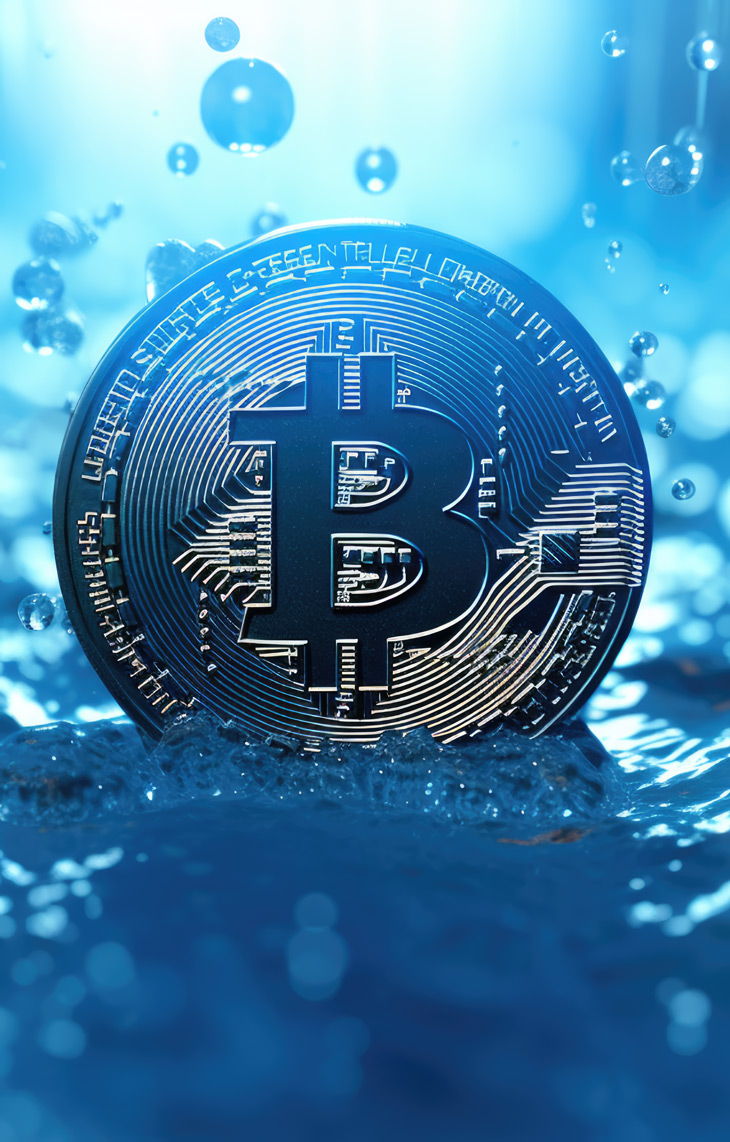 Bitcoin in blue water