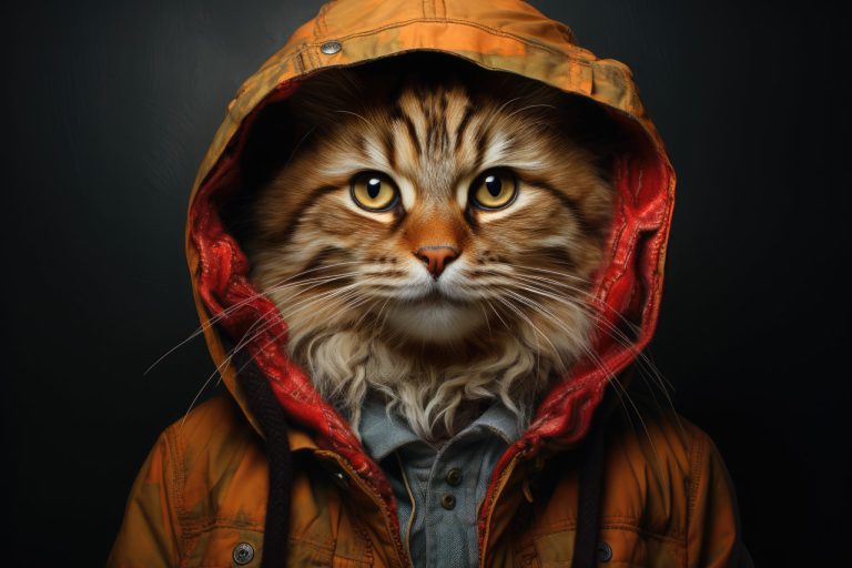 Cat in orange hooded jacket