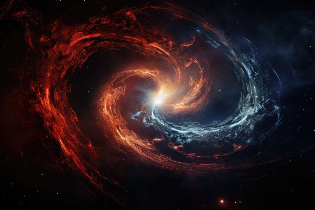 Spiral red and blue clouds in space