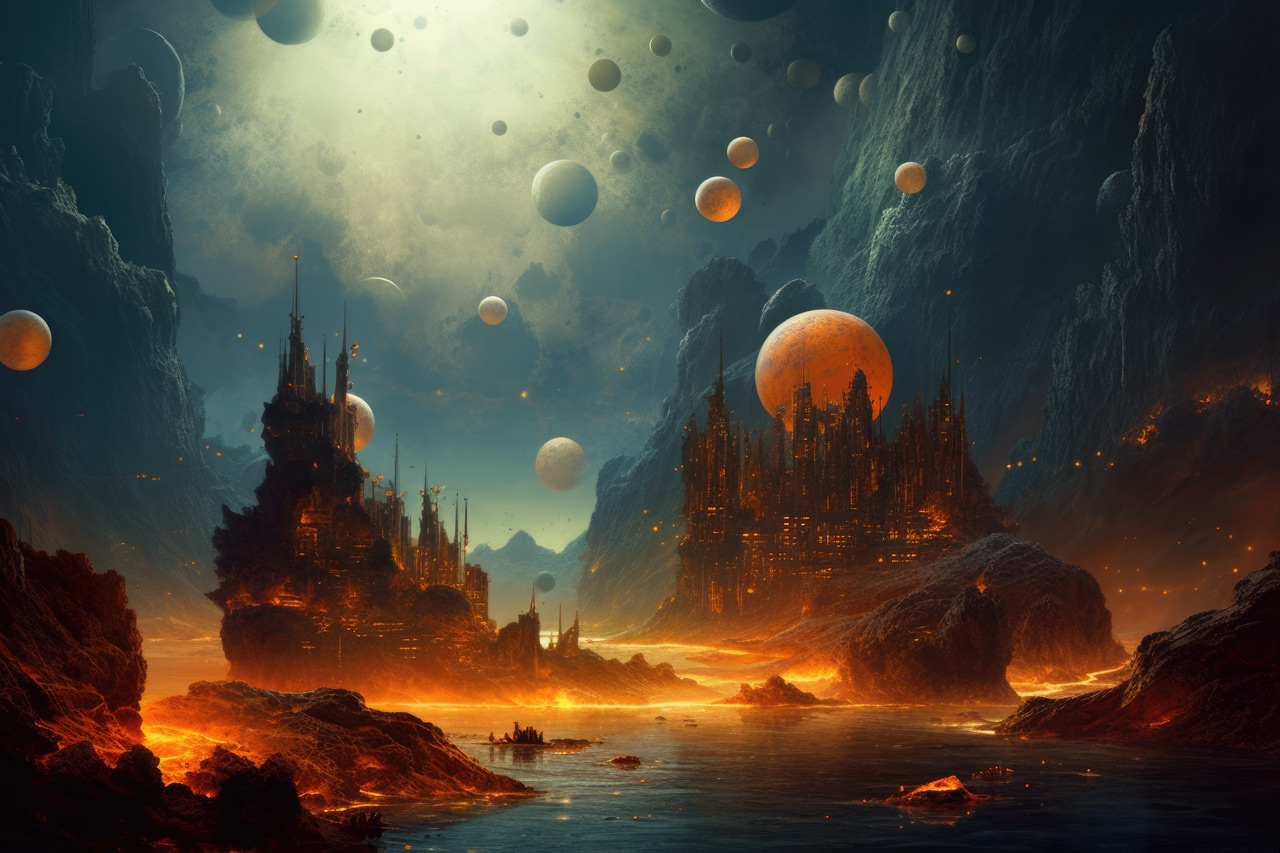 Night landscape with floating small moons