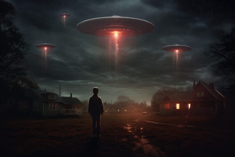 Boy looking at UFOs over night town