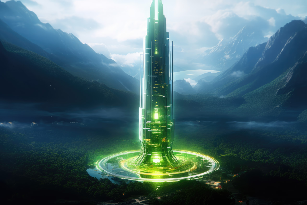 Huge green futuristic tower in the forest