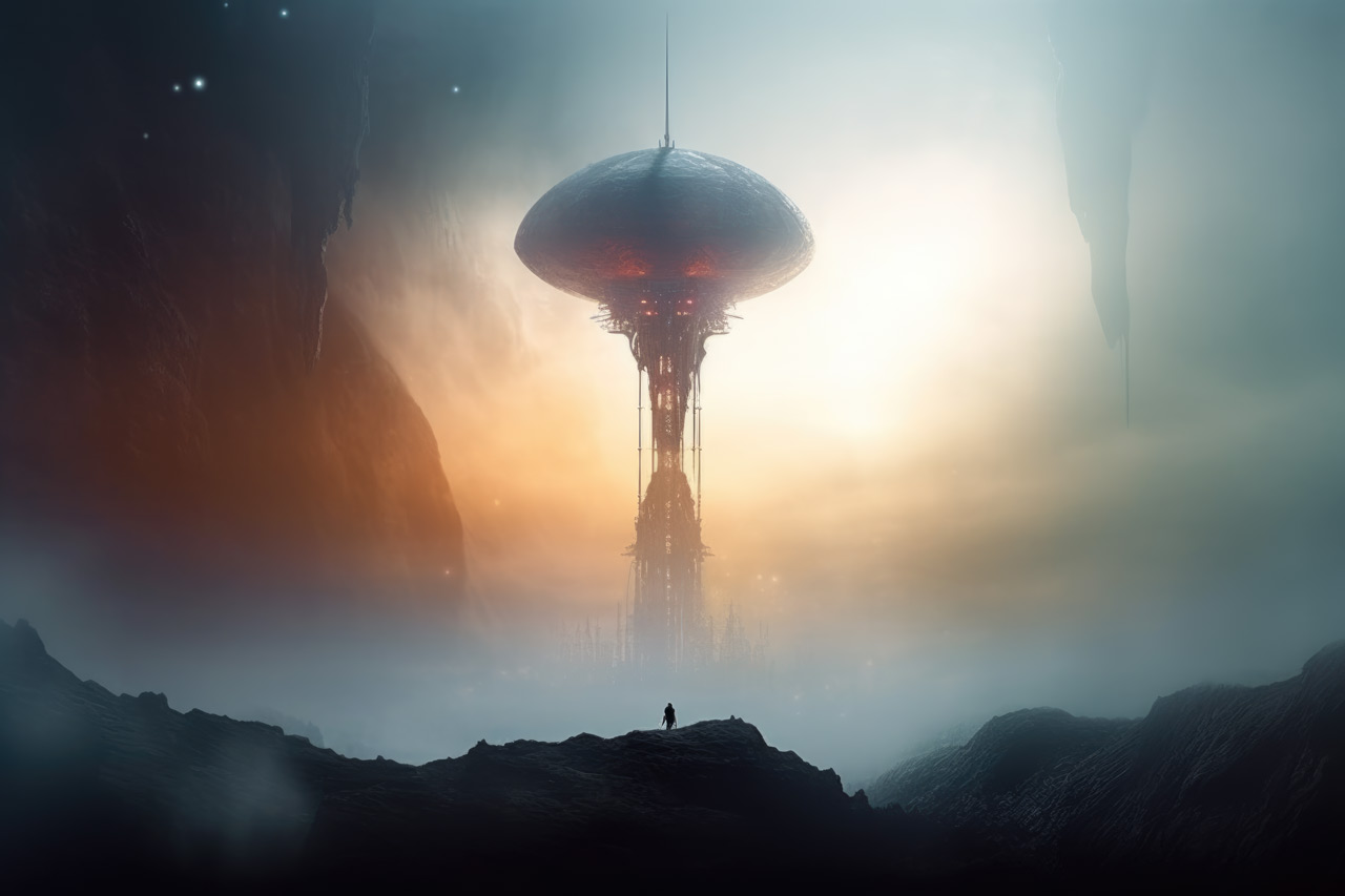 Huge tower in orange mist