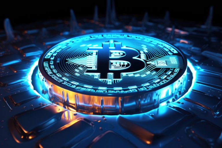 Bitcoin in blue glowing lights