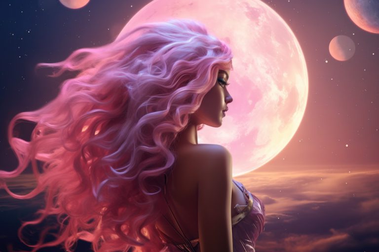 Girl with pink head opposite pink moon