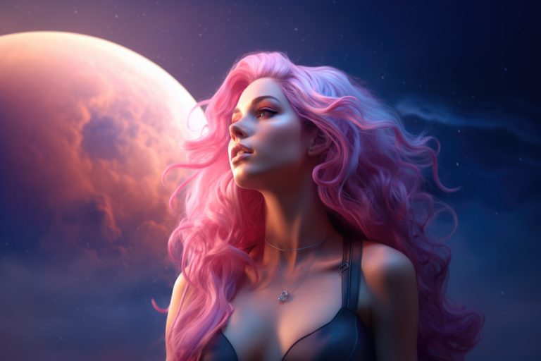 Pink haired girl at pink moon background