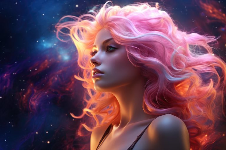 Girl with pink hair on blue nebula background