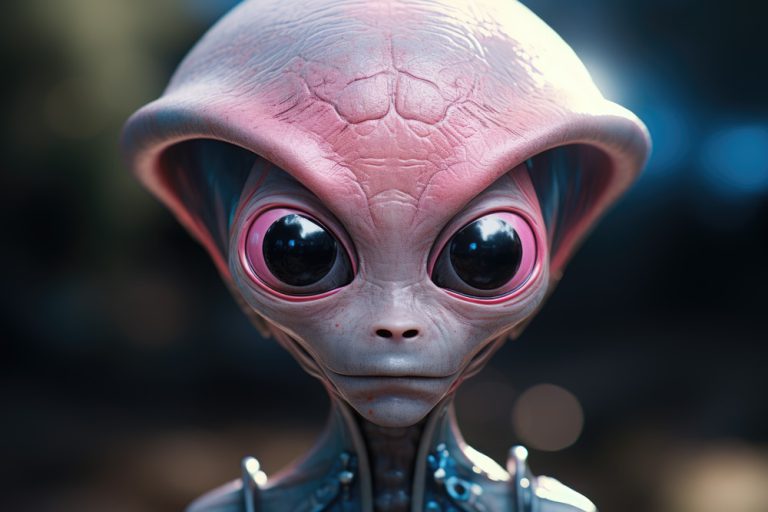 Alien with big pink head and black eyes