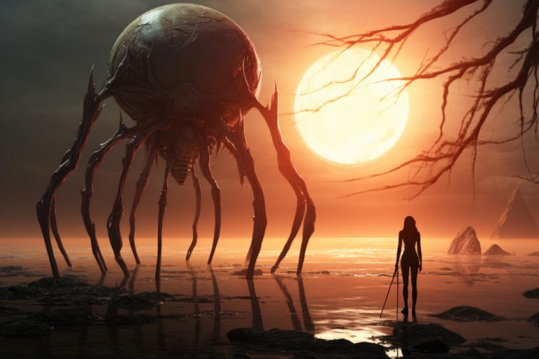 Huge monster spider at sunset