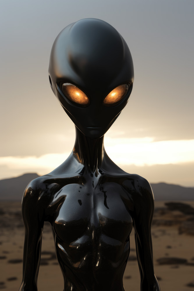 Black alien with glowing orange eyes