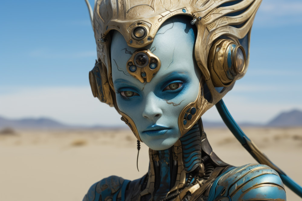 Alien woman with blue skin and golden helmet