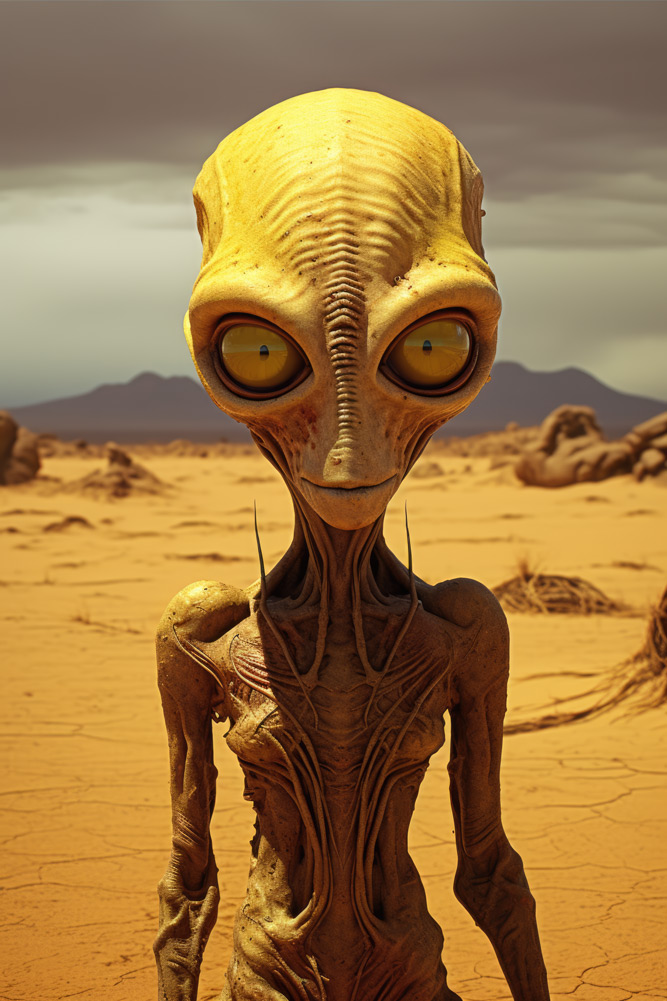 Thin yellow alien in desert