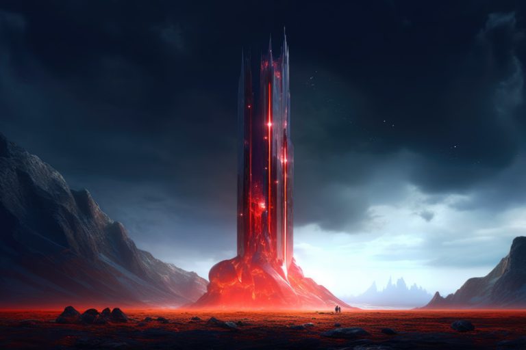 Huge red tower at mystic planet