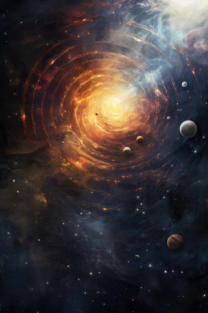 Fire spiral with planets in space