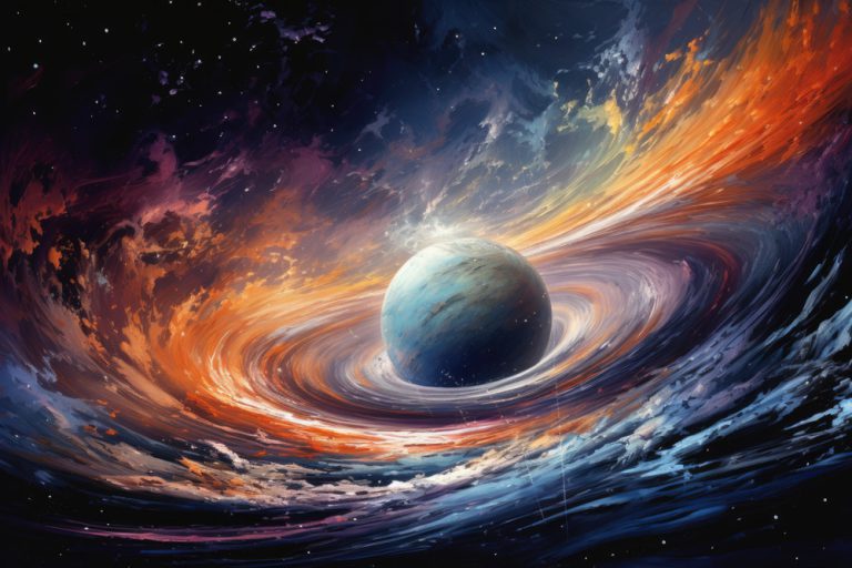 Planet in space in colorful swirled clouds