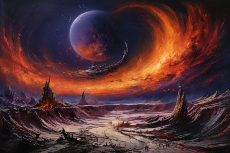 Unknown planet in fire flames landscape