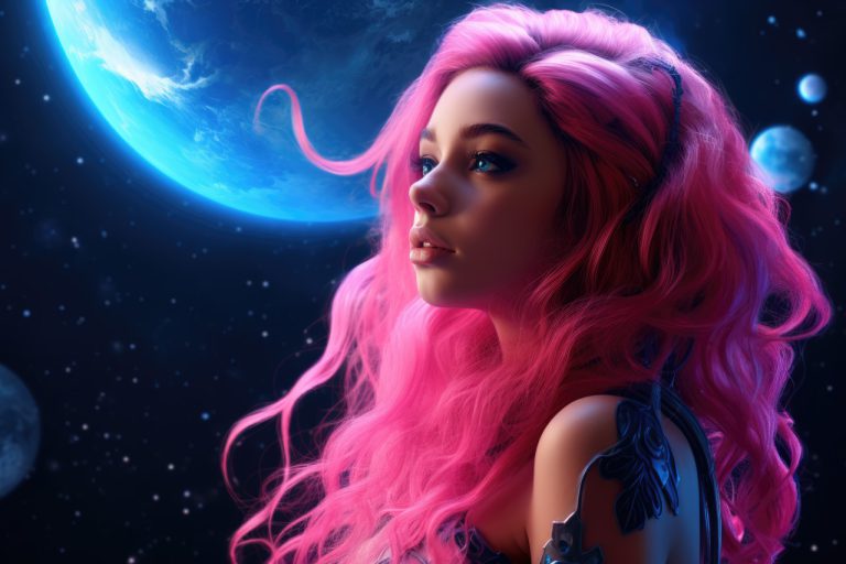 Pink hair girl on blue planet background