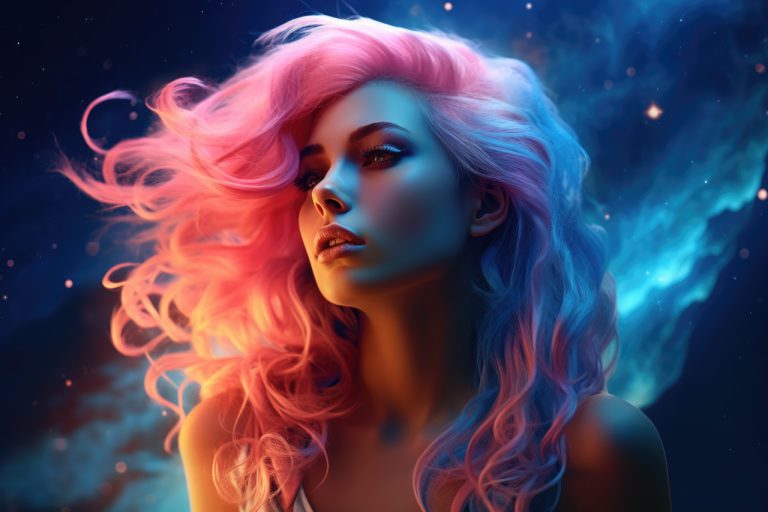 Girl with pink violet hair at space clouds background