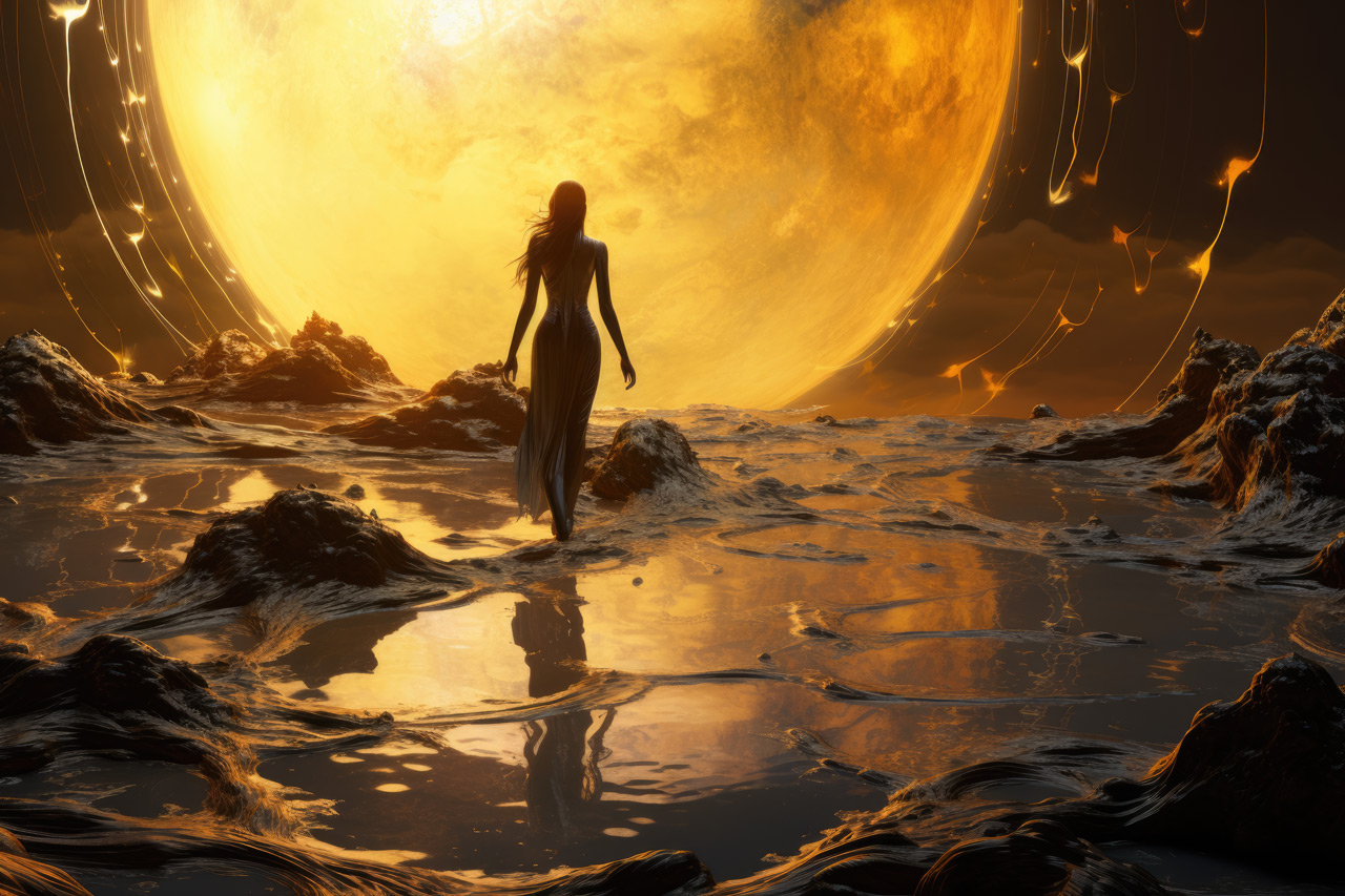 Woman standing near big yellow sun