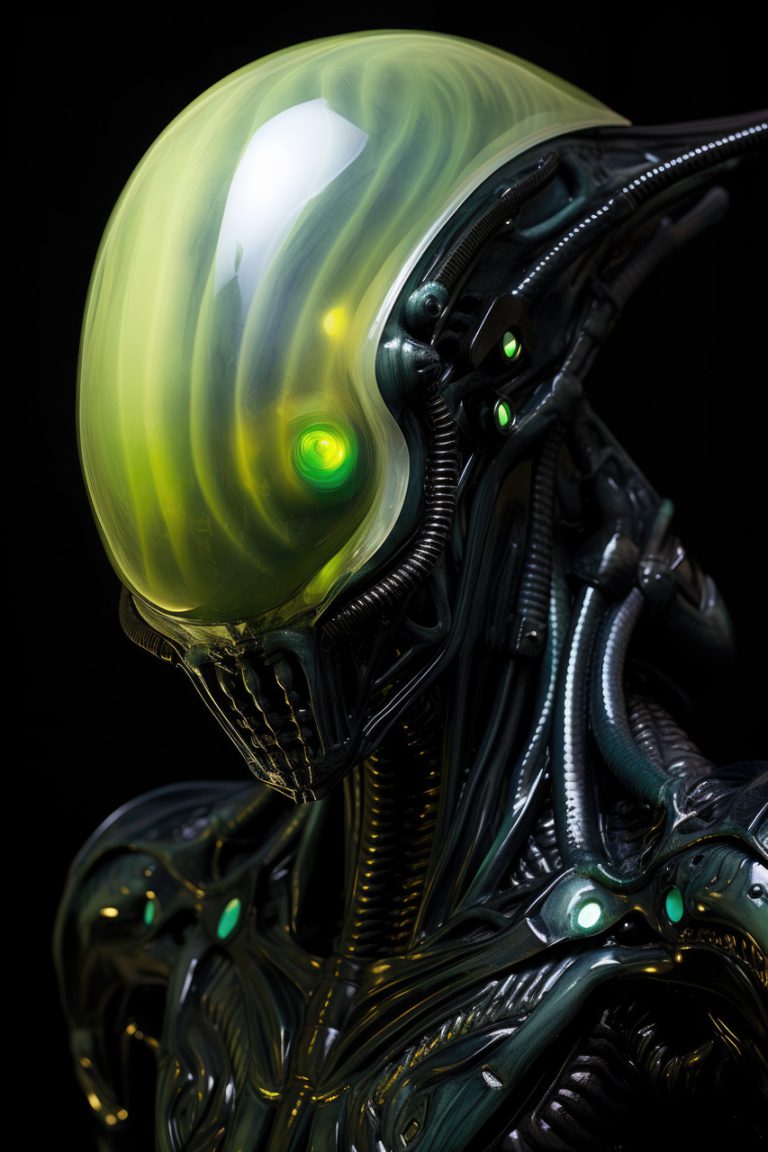 Alien in dark suit with green head