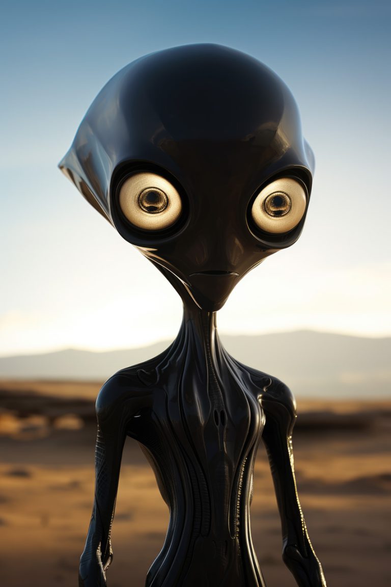 Black alien with big yellow eyes