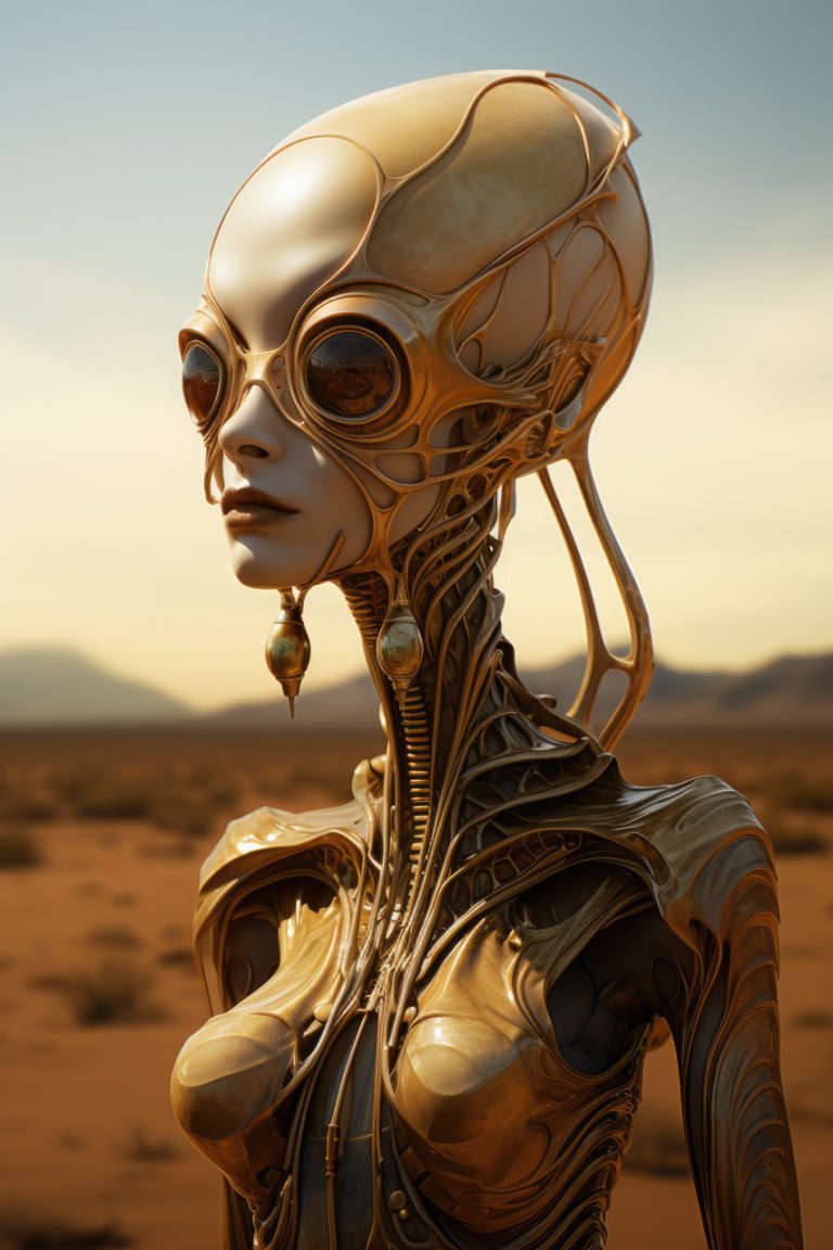 Alien like woman in golden exoskeleton