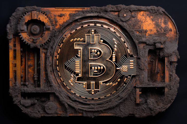 Bitcoin logo on old rust detail